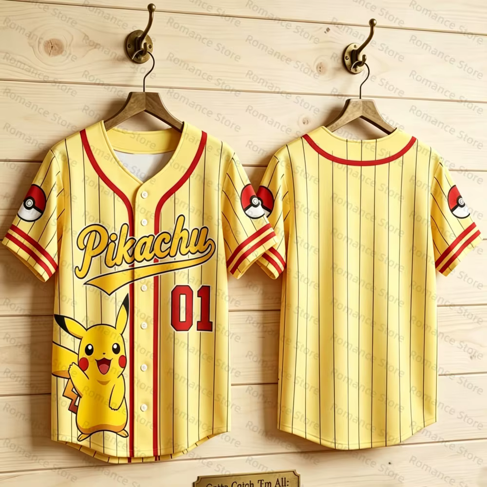 T-shirt de baseball à rayures fines pour femme, style dessin animé, manches courtes, boutonné, stree