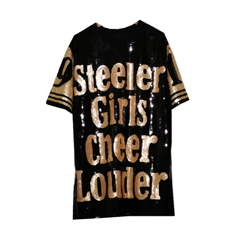 T-Shirt manches courtes pour femme, Chic Ins, lettres noires, Patchwork, paillettes, Jersey, fête, P