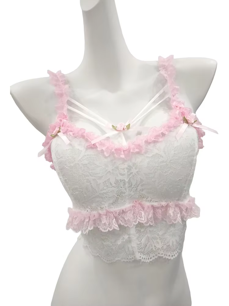 Haut court en dentelle pour femmes, mignon, style Lolita, nœuds courts, décoration, slim, vêtements