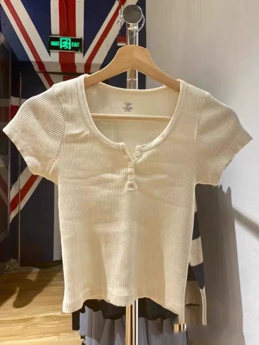 Économie à manches courtes en coton doux à col rond pour femmes, trois boutons, jaune crémeux, t-shi