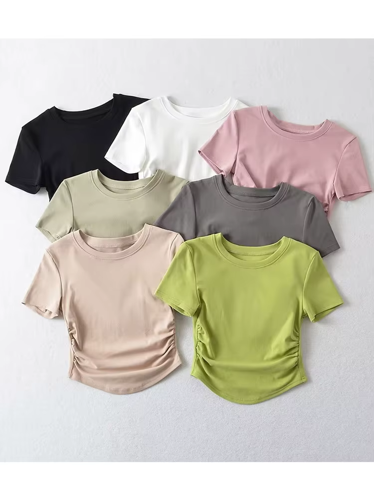 T-Shirt à Manches Courtes et Col Ras du Cou pour Femme, en Coton, avec Côtés Froncés, Style Harajuku