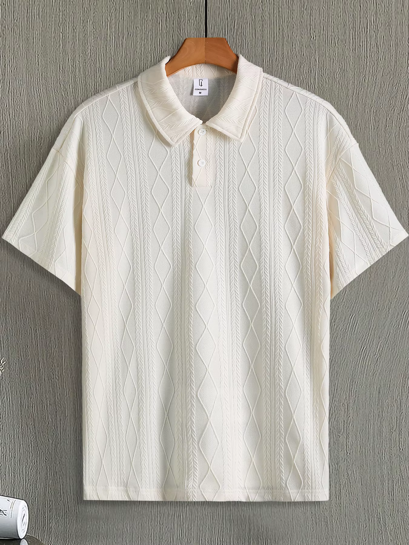 Polo à manches courtes pour homme, texture Argyle beige, coupe ample, style décontracté chic, idéal