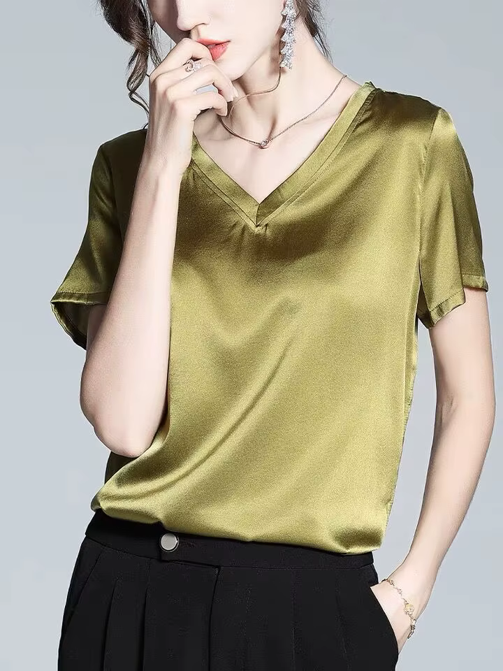 Ice InjT-T-shirt à manches courtes en satin acétate pour femme, haut ample et décontracté, chemise d