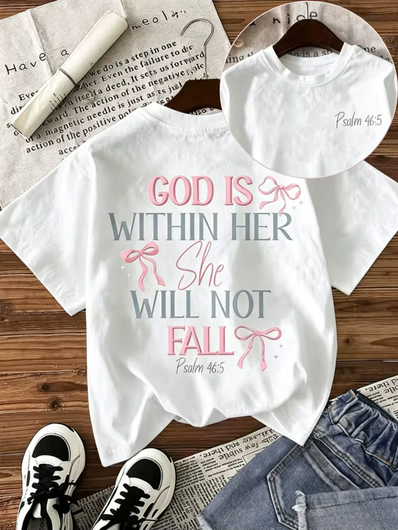 T-shirt imprimé « Dieu est en elle, elle ne tombera pas » Psaume 46:5, design avant et arrière, haut
