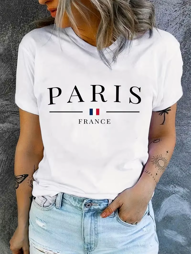 T-shirt imprimé Paris, haut décontracté à manches courtes et col rond pour l'été et le printemps, vê