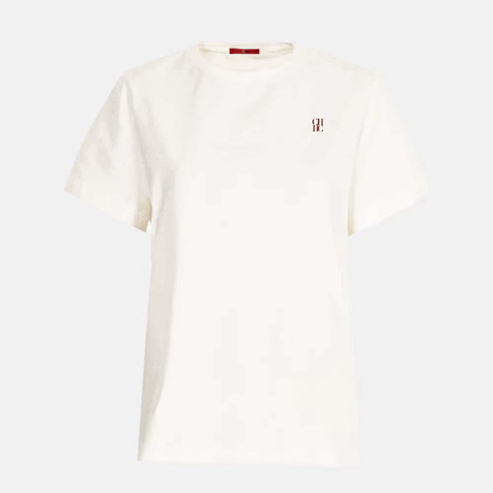 T-shirt à manches courtes blanc cassé pour femme, col rond, décontracté, avec broderie du logo CH ro