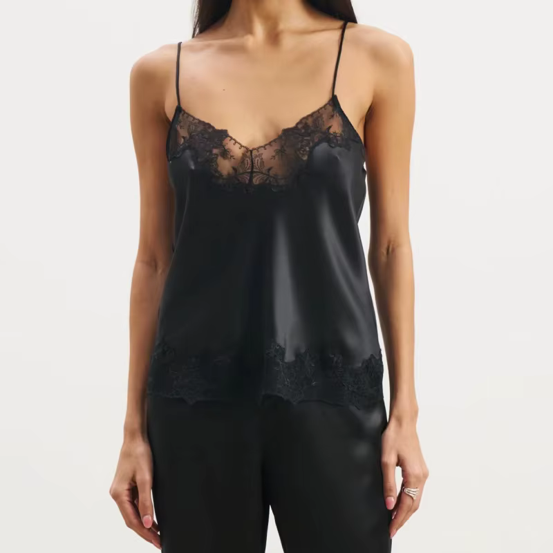 Débardeur Chic en Satin pour femmes, garniture en dentelle, col en V, soie, sans manches, bretelles