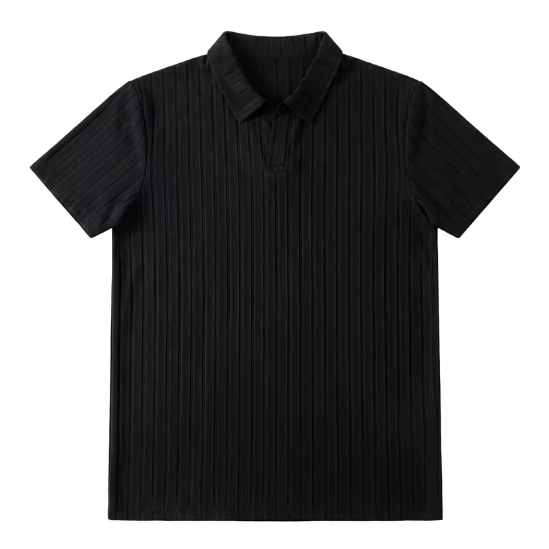 Polo en tricot côtelé pour hommes, col en V, manches courtes, t-shirt décontracté, hauts élastiques 