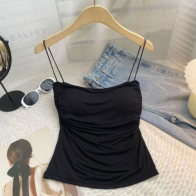 Haut court noir moulant à bretelles spaghetti pour femmes, soutien-gorge de fête, haut d'été sexy, h