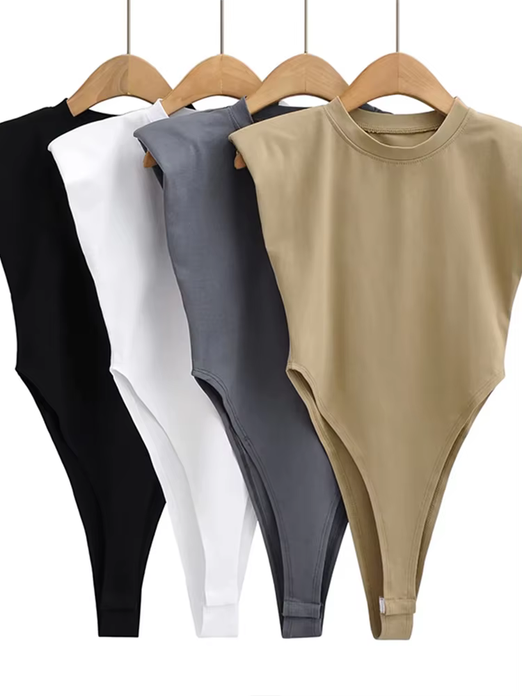 Hauts Sexy femmes été une pièce moulante Body rembourré épaule Body noir sans manches corps costumes