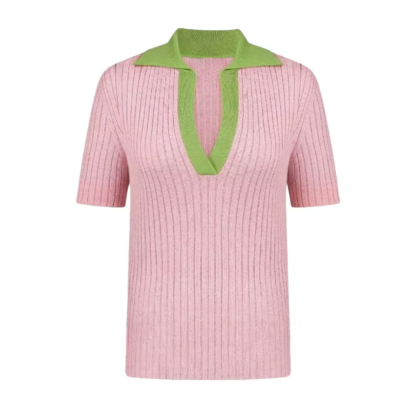 T-shirt tricoté élégant pour femmes, polo à manches courtes avec blocs de couleur, haut d'été Y2k, t
