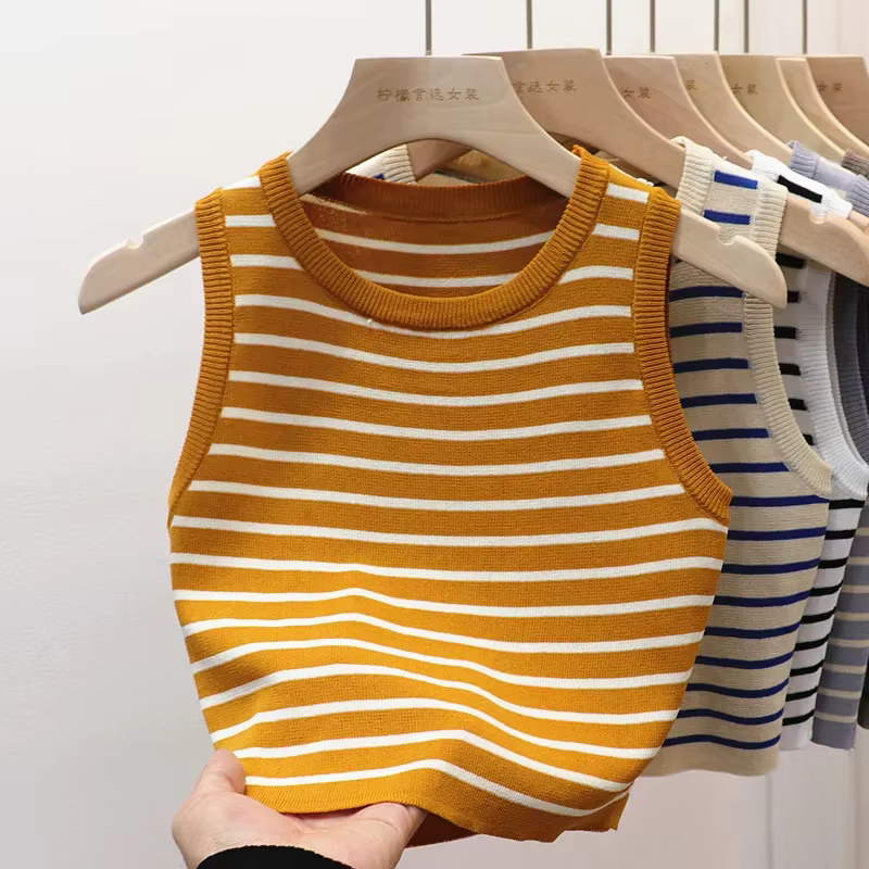 T-shirt court et slim à rayures pour femmes, gilets courts et décontractés, chemises d'été et de pri