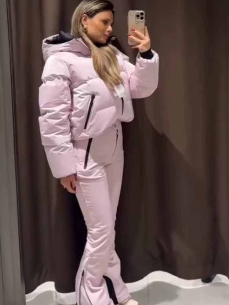 HH femmes mode poche fermeture éclair manches longues à capuche ski coton rembourré cordon veste + t