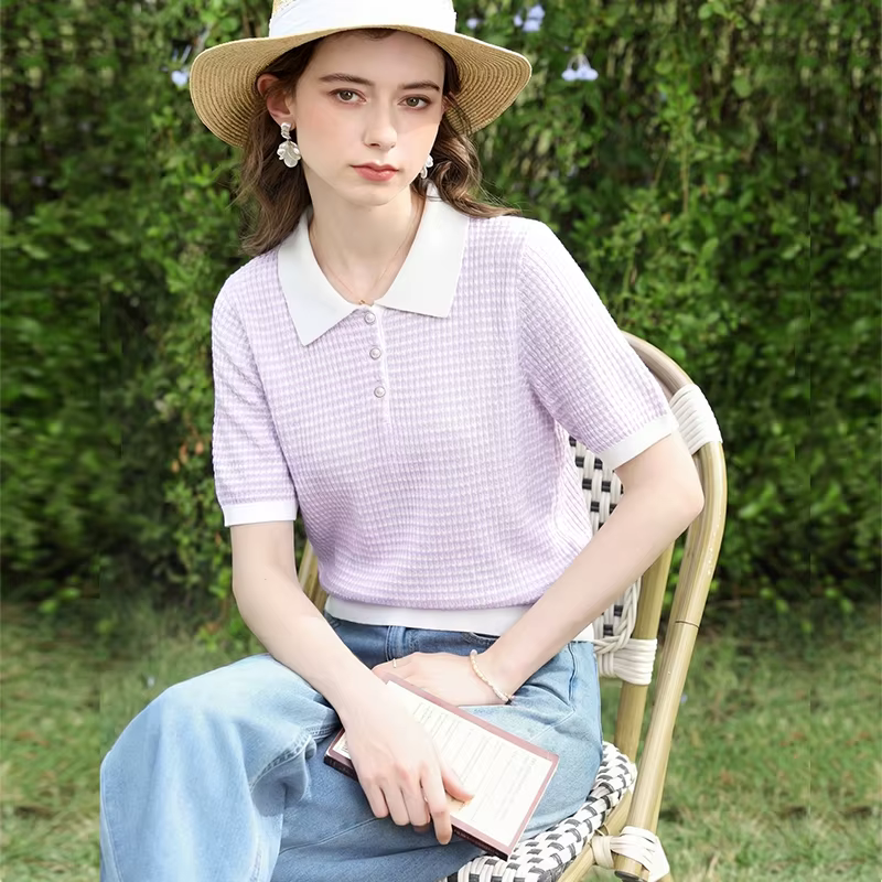 I BELIEVE YOU Polo à manches courtes en tricot à carreaux violets pour femme, Nouveauté 2026, Polo é