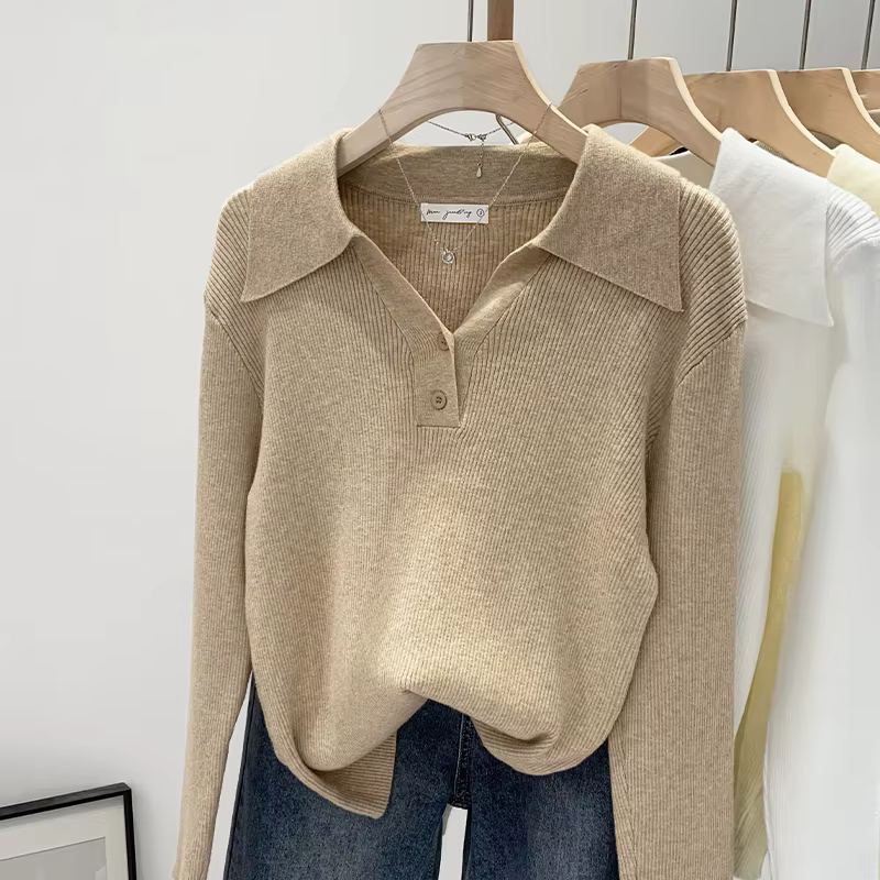 DUOJIHUI-Pull à Manches sulfet Col Polo pour Femme, Vêtement Basique, Chic, Décontracté, Simple, Trè