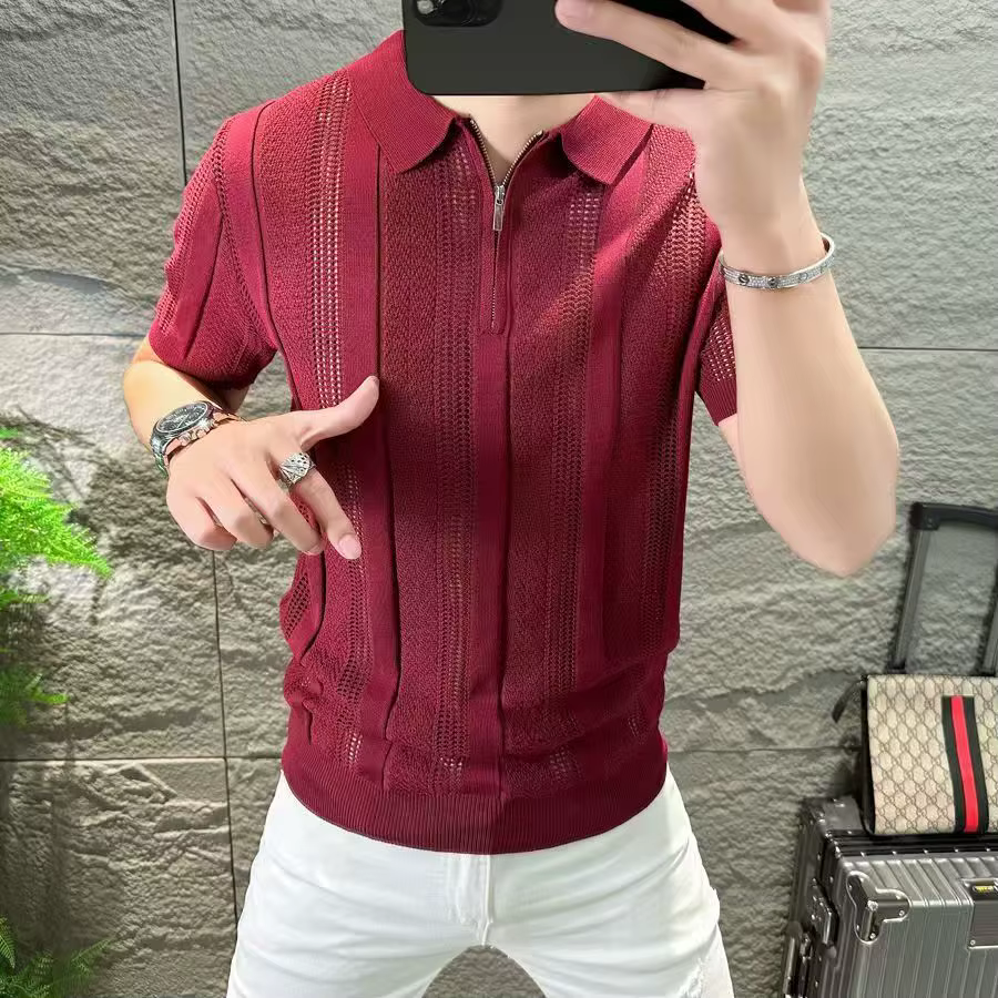 Polo tricoté à fermeture éclair pour hommes, vêtements d'été à rayures solides, revers, Slim, basiqu