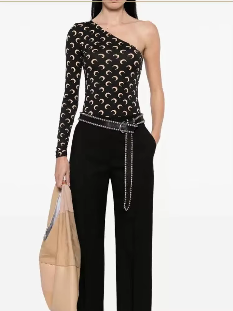 T-shirt coréen ajusté à imprimé lune pour femme, manches longues, style décontracté urbain, en tissu