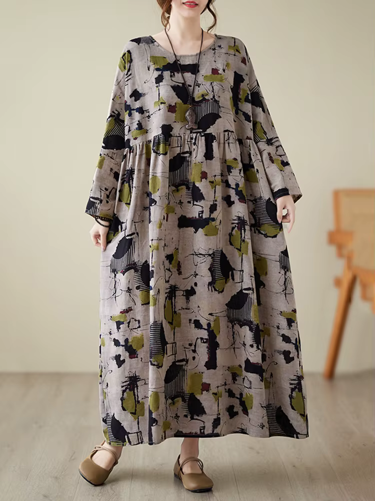 Robes amples en coton à manches longues imprimées style vintage pour femmes – Collection Printemps-A