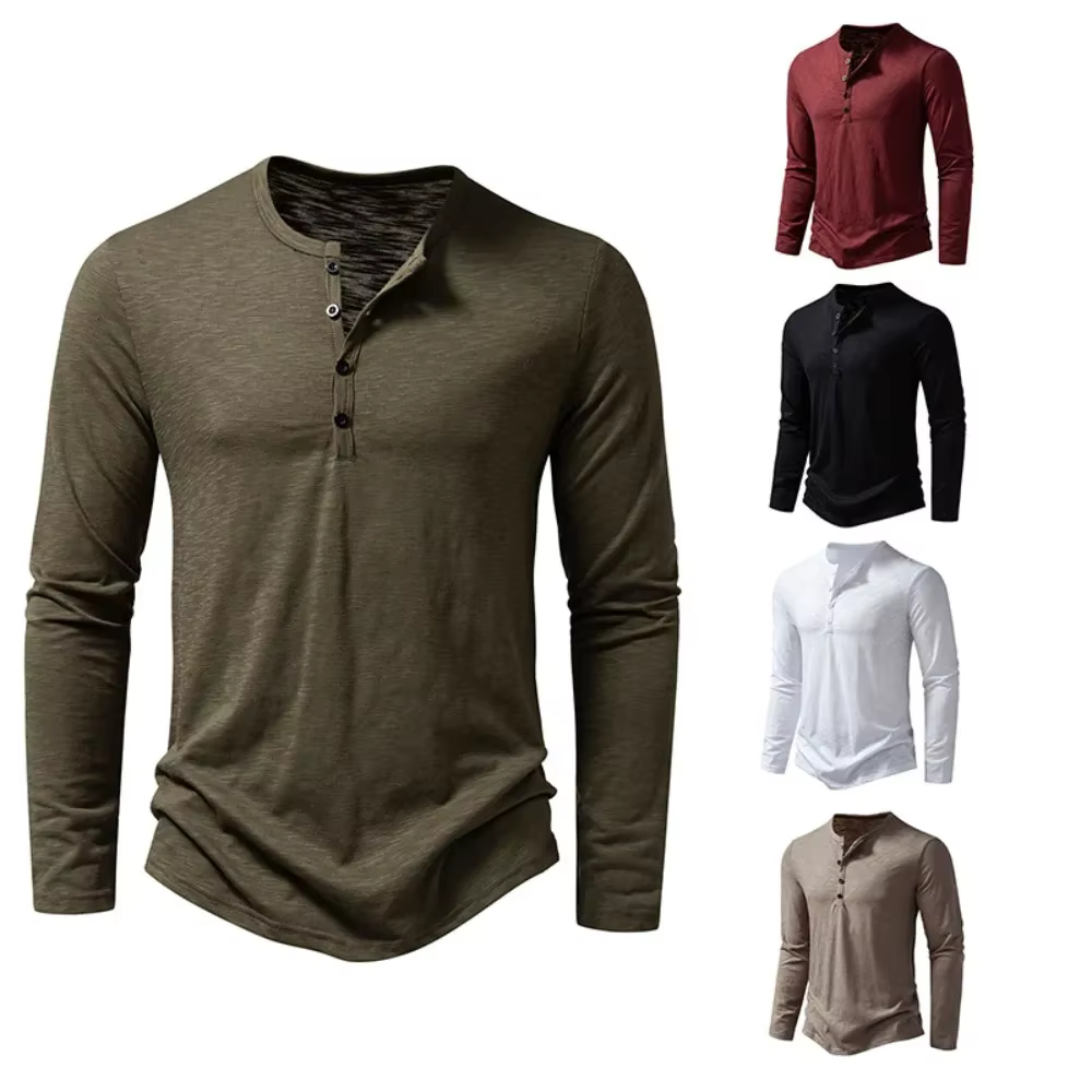 T-Shirt à Manches sulfet Col Henley en Coton pour Homme, Décontracté, Solide, Respirant, Polyvalent,