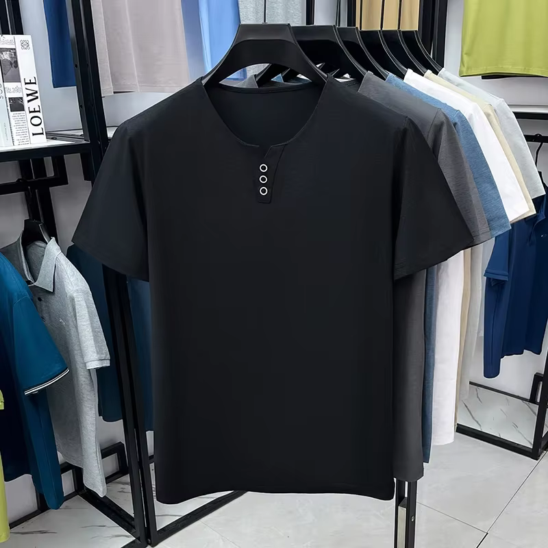 Chemise Henley pour homme, coupe ajustée, manches courtes, tissu respirant, col classique, pour tenu