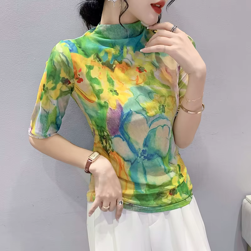 T-shirt à manches mi-longues pour femme, haut en maille simple, gaine imprimée, haute élasticité, t-