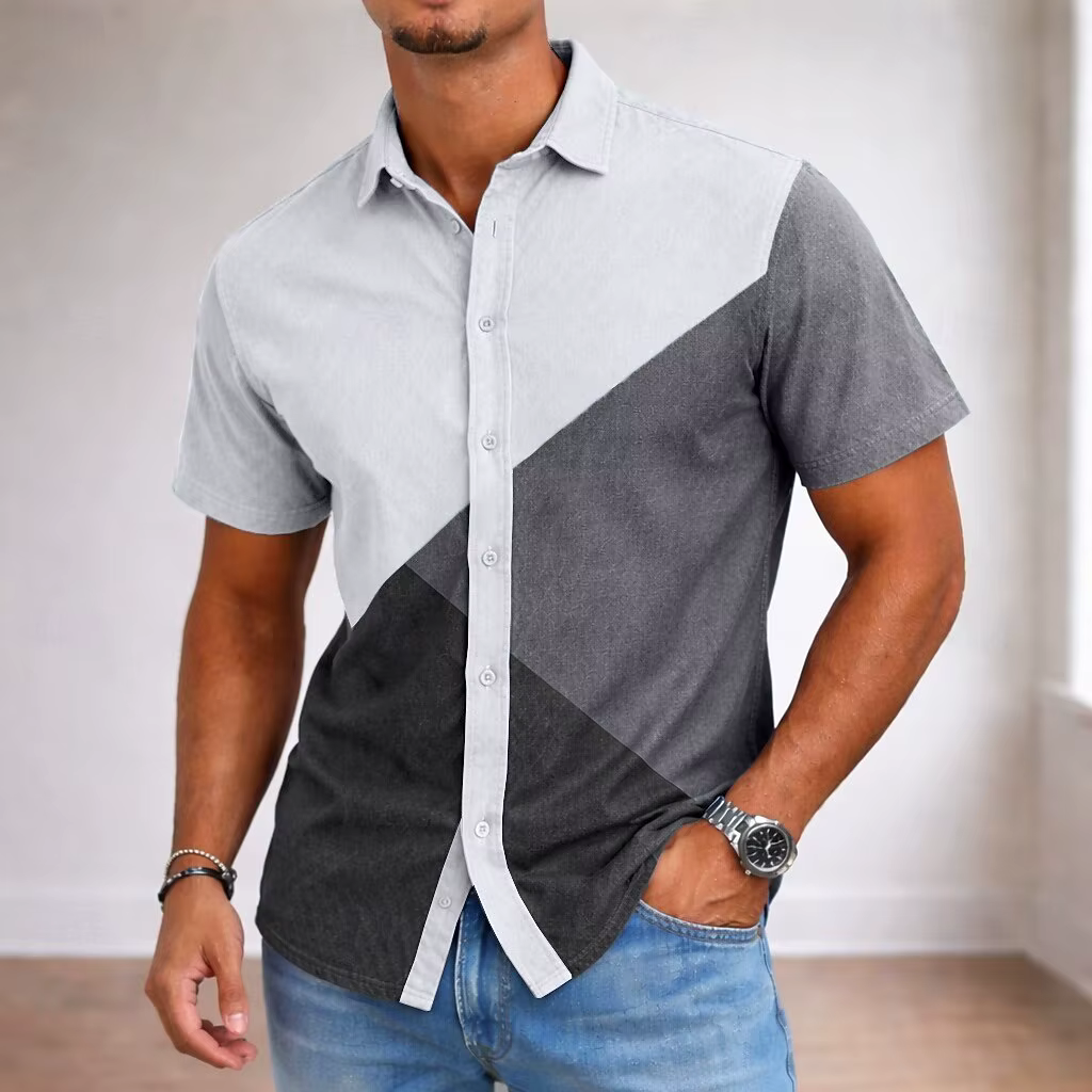 Chemise boutonnée beige et bordeaux à blocs de couleurs géométriques pour homme, hauts décontractés 
