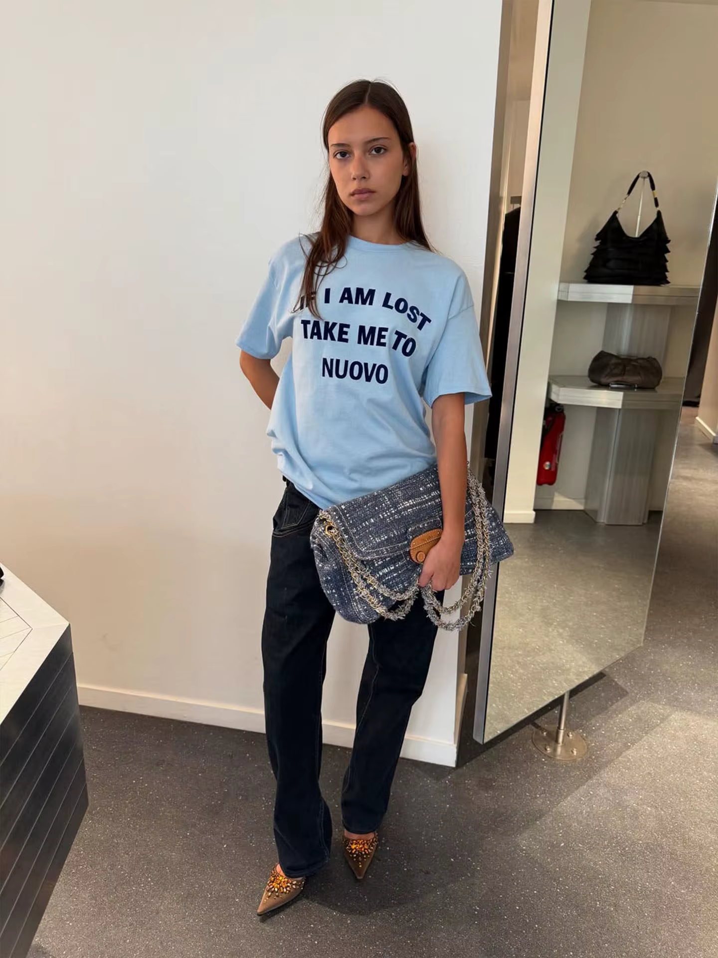 T-shirt ample imprimé jaune vif, style vintage bleu clair _IF I'M LOST_ avec impression floquée