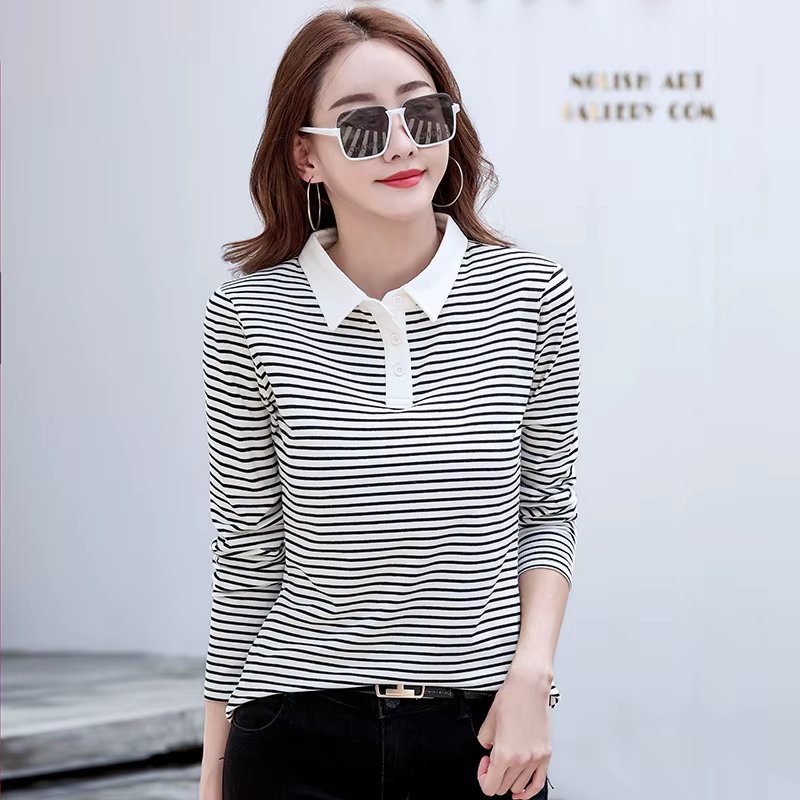 Nouveau Polo Femme Manches Longues Rayé Coton T-shirt Printemps Automne Mode Contraste Hauts Féminin