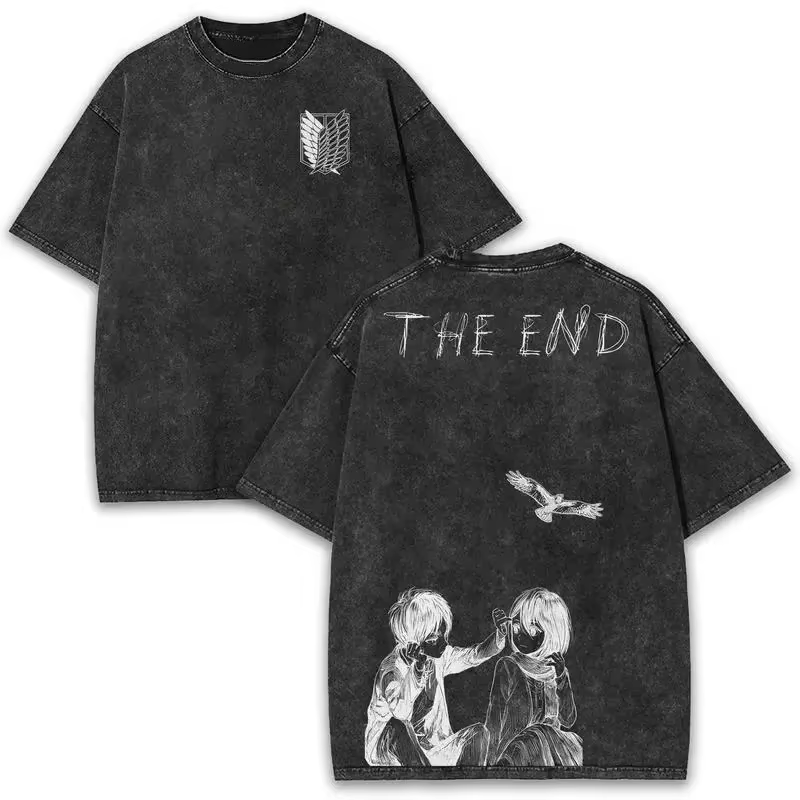T-shirt imprimé Anime L'Attaque des Titans Eren Mikasa 2026 pour hommes et femmes, T-shirt délavé en