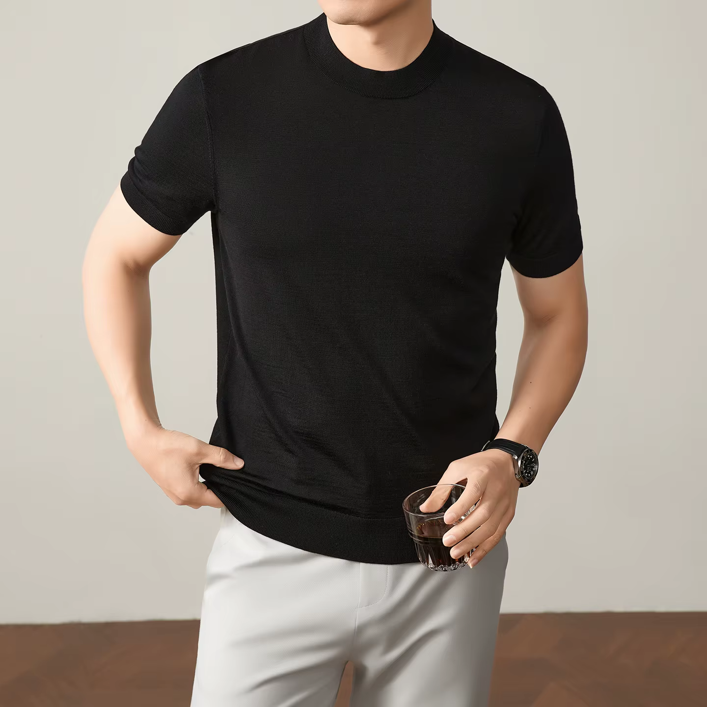 T-shirt pour homme 100% laine mérinos à manches courtes, tricot léger et respirant, style décontract
