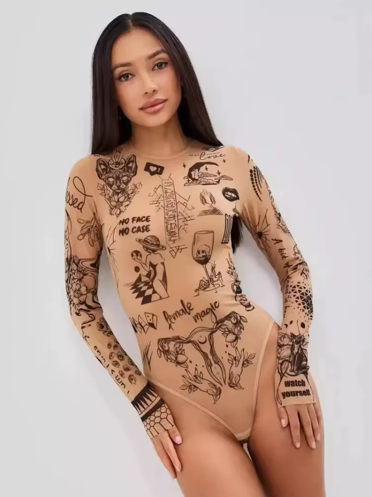 Body à manches longues imprimé tatouage nude pour femme, coupe ajustée Y2K