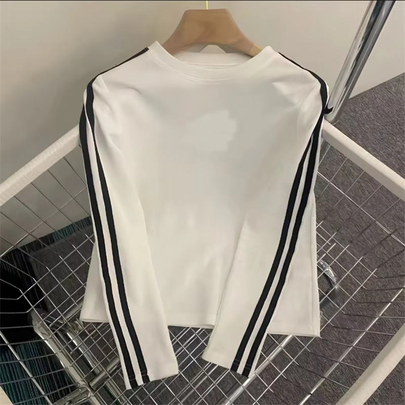 Simplicité femmes T-shirt mince T-shirt mode bas haut rayure Blous col rond à manches longues femme
