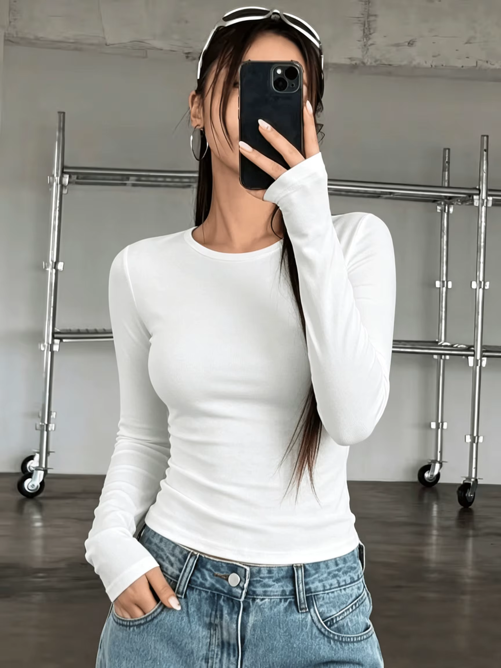 T-shirt à manches longues pour femmes, décontracté, confortable, col rond, couleur unie, taille cint