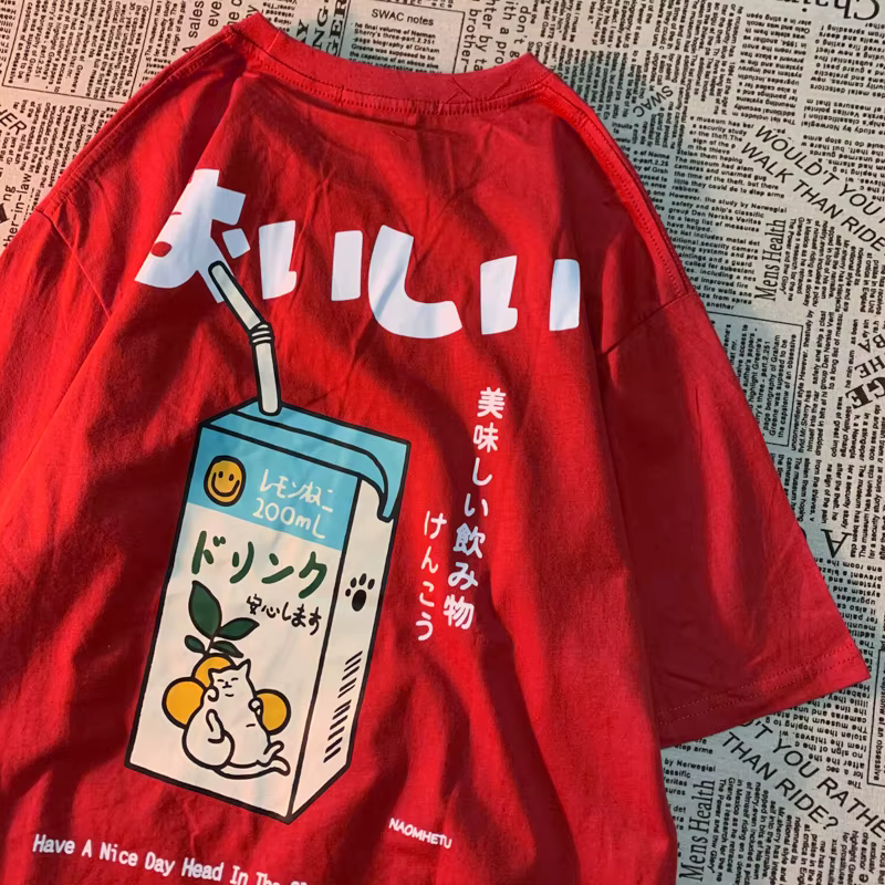 Mignon chat japonais imprimé surdimensionné T-shirt femmes hommes à manches courtes ample T-shirt dé