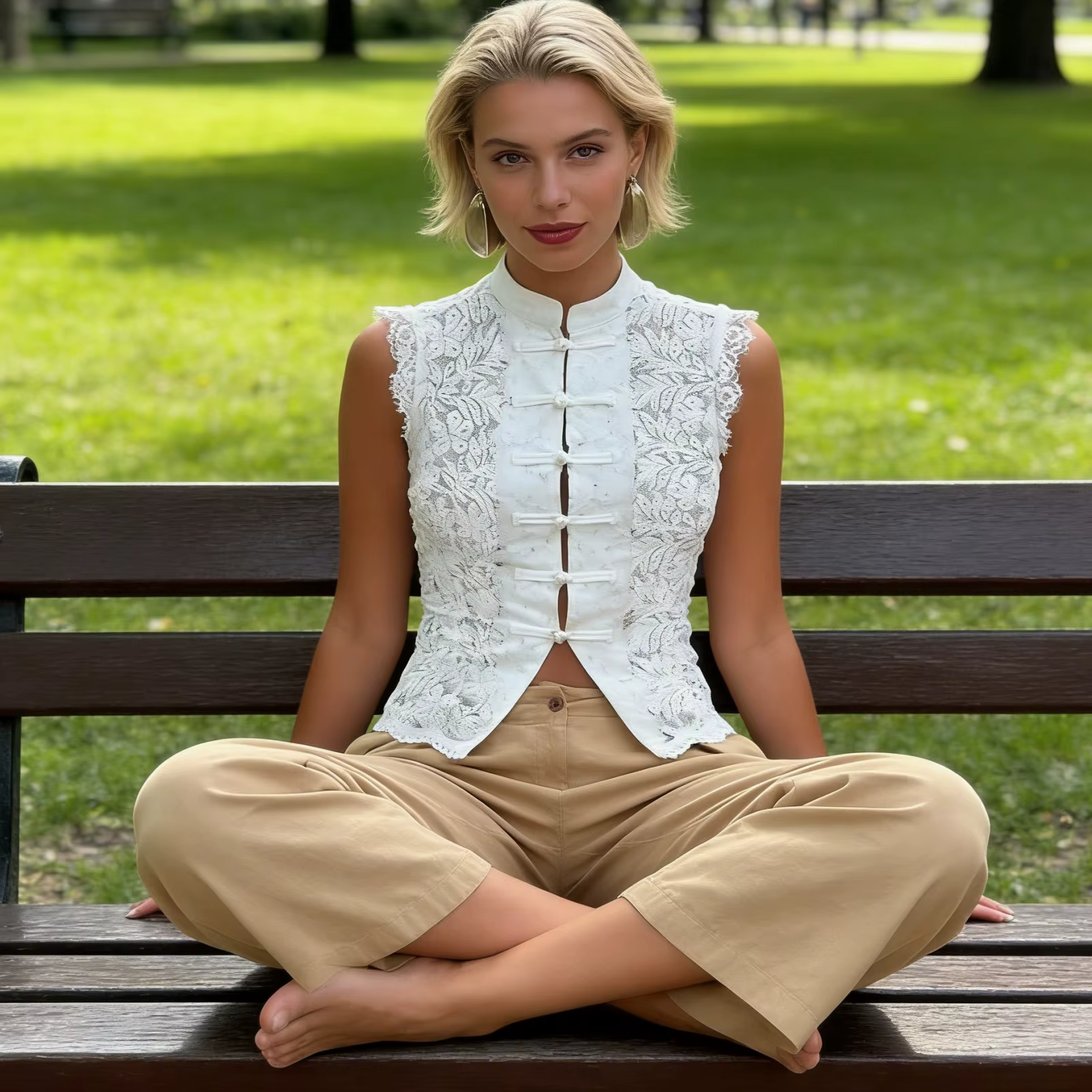 Débardeur court en dentelle couleur unie style Y2K avec boutons chinois, sans manches, pour femme, i