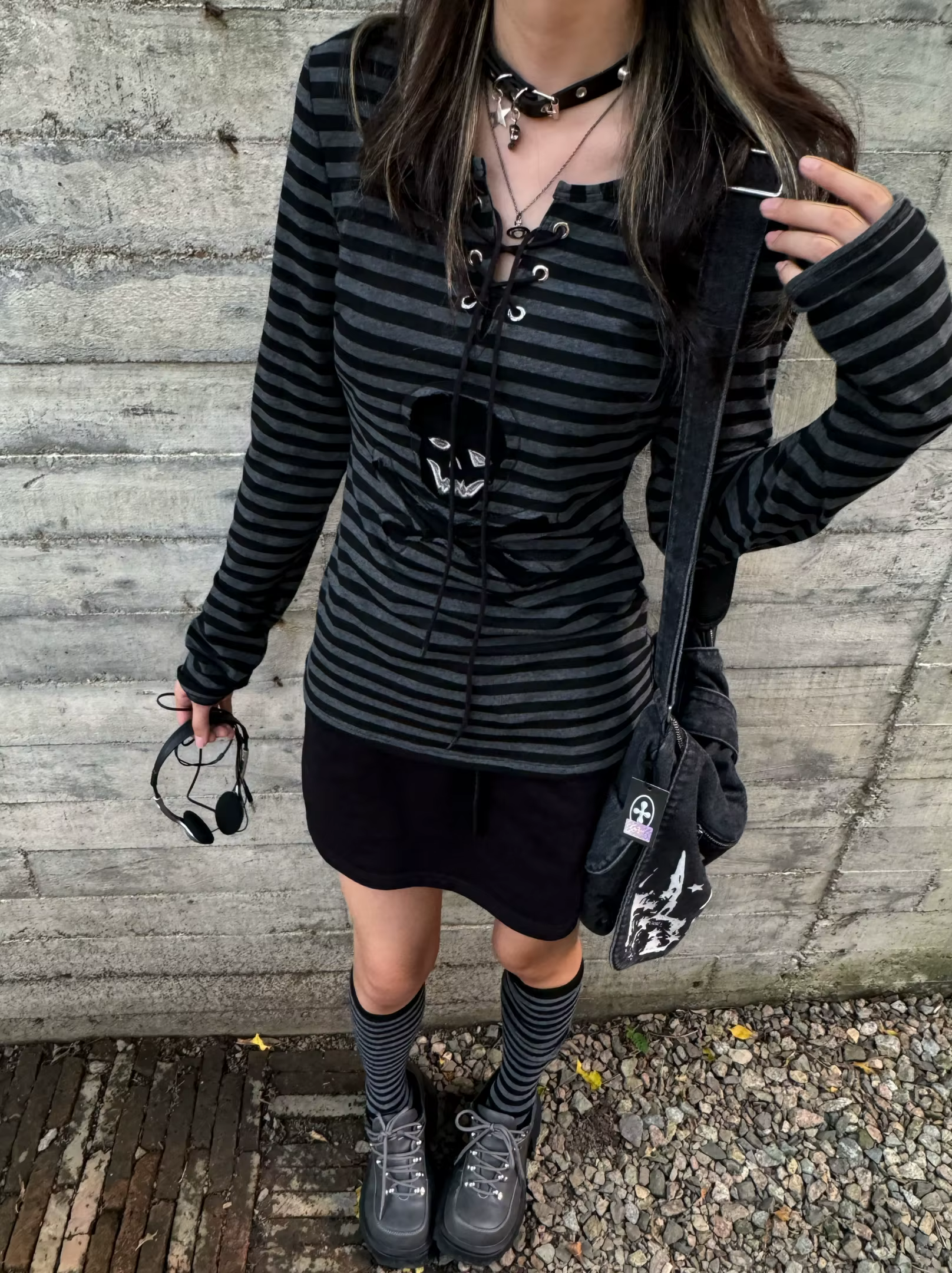 Tonngirls gothique rétro T-shirt femmes à lacets rayé chemise décontractée Y2k Vintage imprimé graph