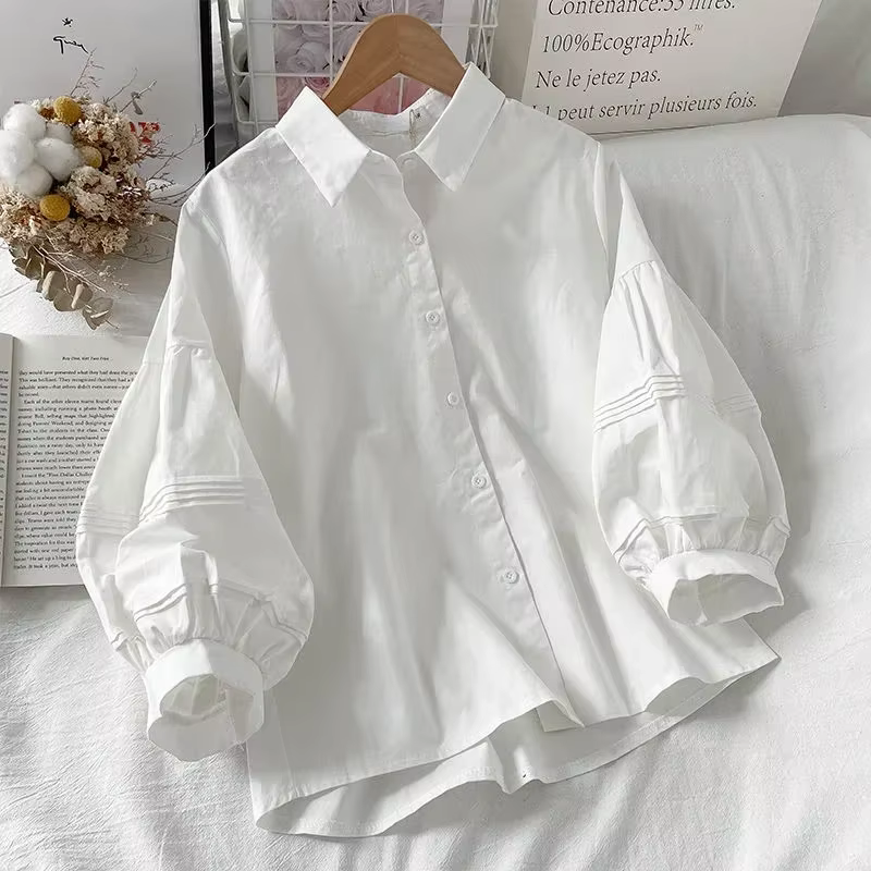 Chemises à manches bouffantes pour femmes, col rabattu blanc, Preppy, sens du Design, Chic, hauts fé