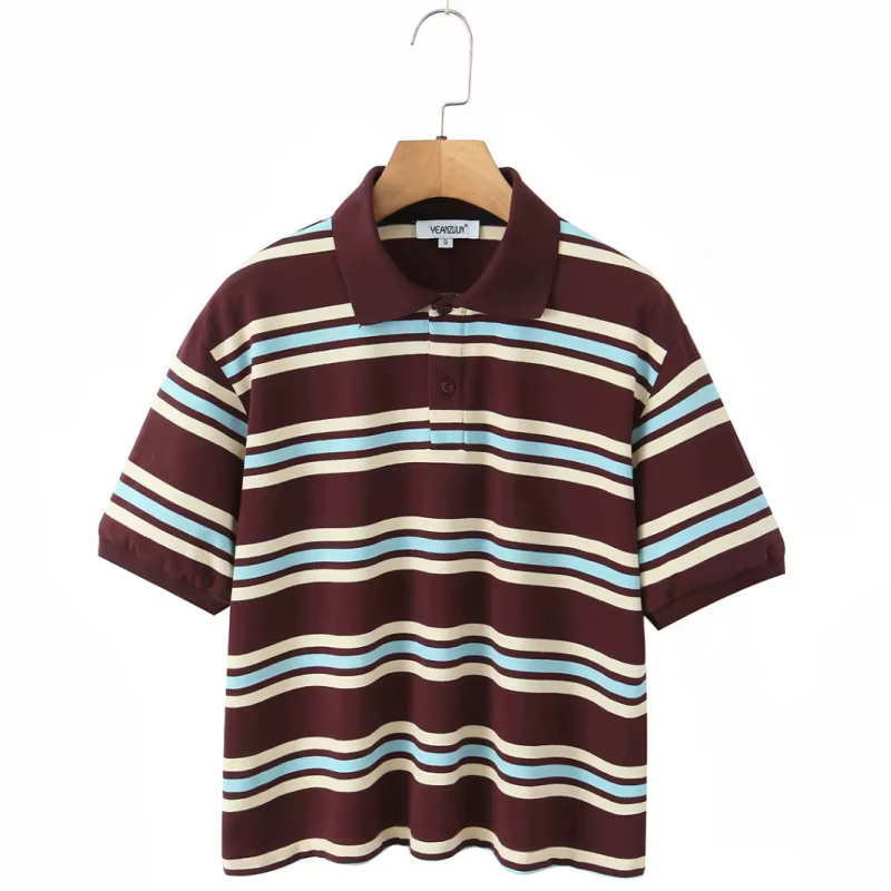 T-shirt ample à col polo, color block rayé, style décontracté urbain, en polyester, coupe confortabl