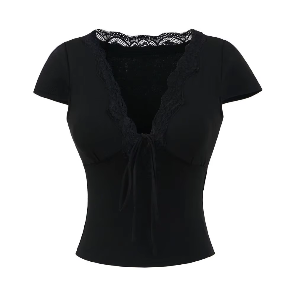 T-shirts et polos pour femmes : Hauts courts chics à col en V, à manches courtes, style décontracté,