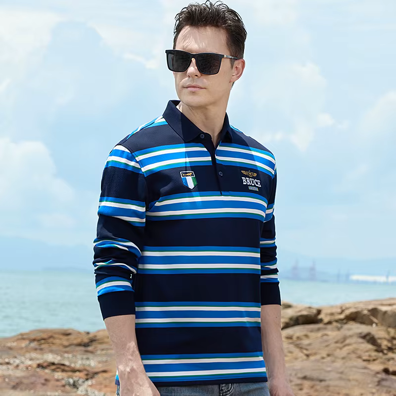 Polo rayé à manches longues pour hommes, maillot de corps décontracté, coton épais, requin, marque d