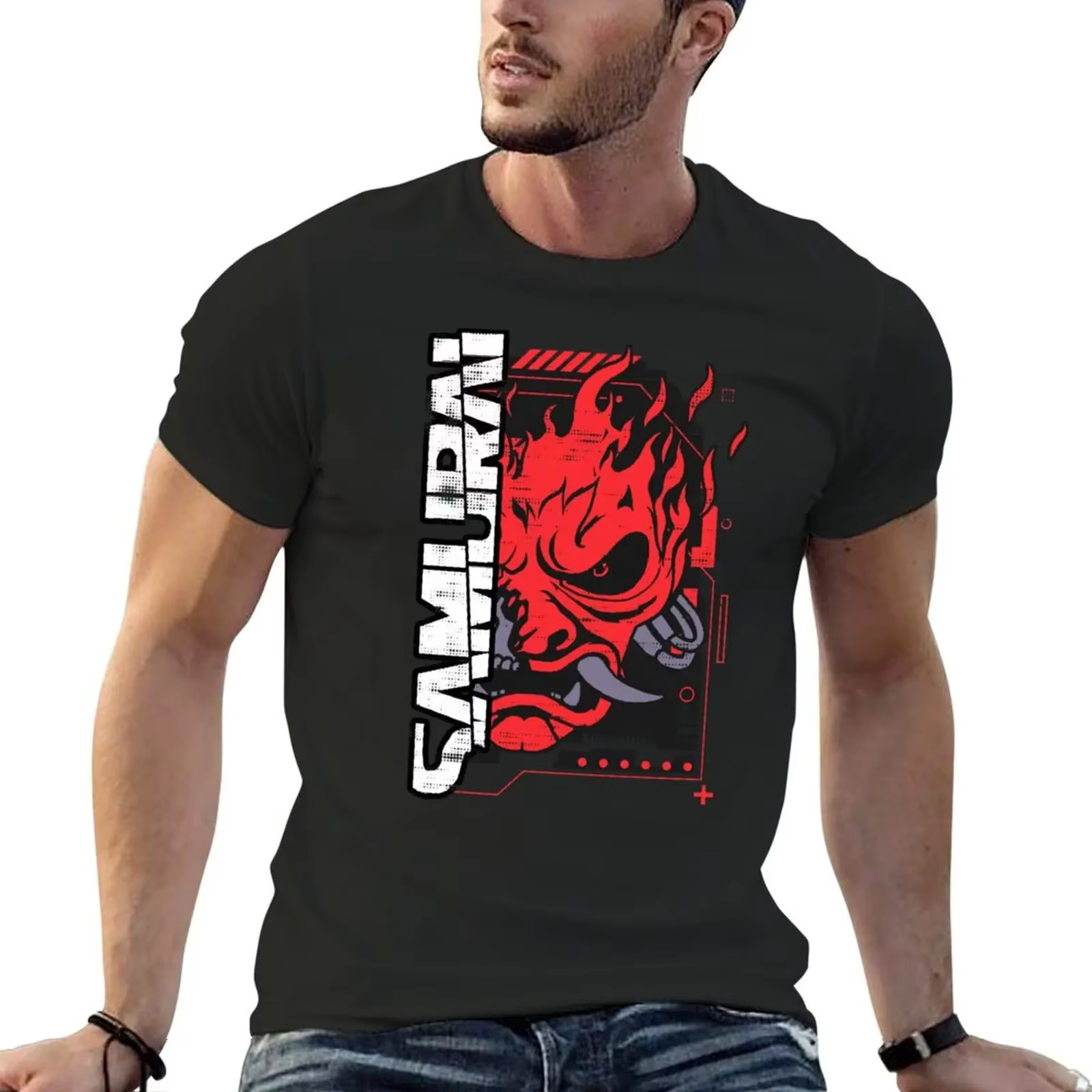 T-shirt de groupe de rock samouraï surdimensionné pour homme, haut graphique et scopique, style hip 