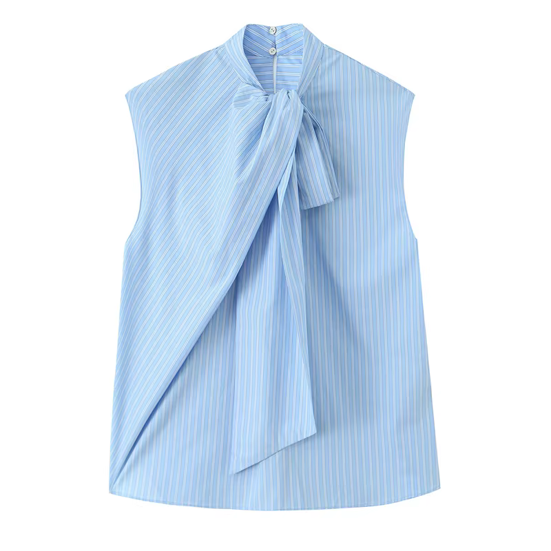 Chemisier Femme Printemps 2026 Nouveau Style Bleu Clair Rayé Sans Manches avec Nœud Décoratif Décont