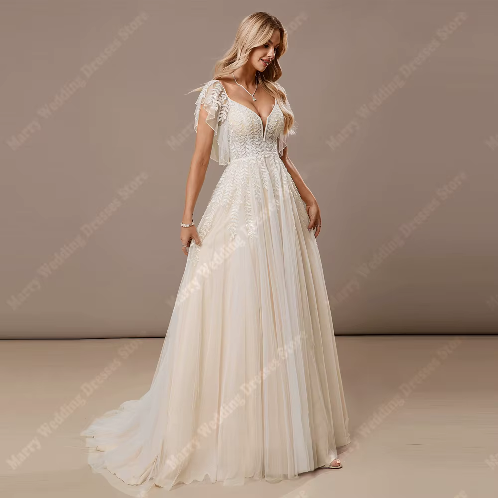 Fascinante femmes robes De mariée Sexy col en v a-ligne Tulle robes De mariée longueur De nettoyage 