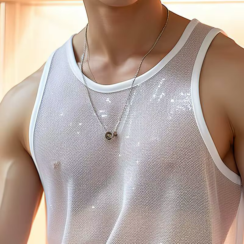Débardeur transparent en tricot de luxe pour hommes, col rond, sans manches, maille, Sexy, couleur u