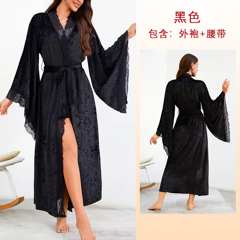 Kimono en Dentelle pour Femme, Robe en Velours, Chemise de Nuit Longue, Vêtements de Nuit, Cadeau de
