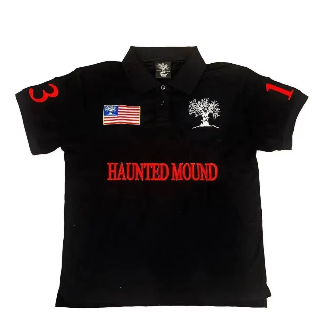 T-shirt Polo Rouge Brodé Racing Haunted Mound, Style Hiphop Rétro, Motif Tête de Citrouille et Lettr