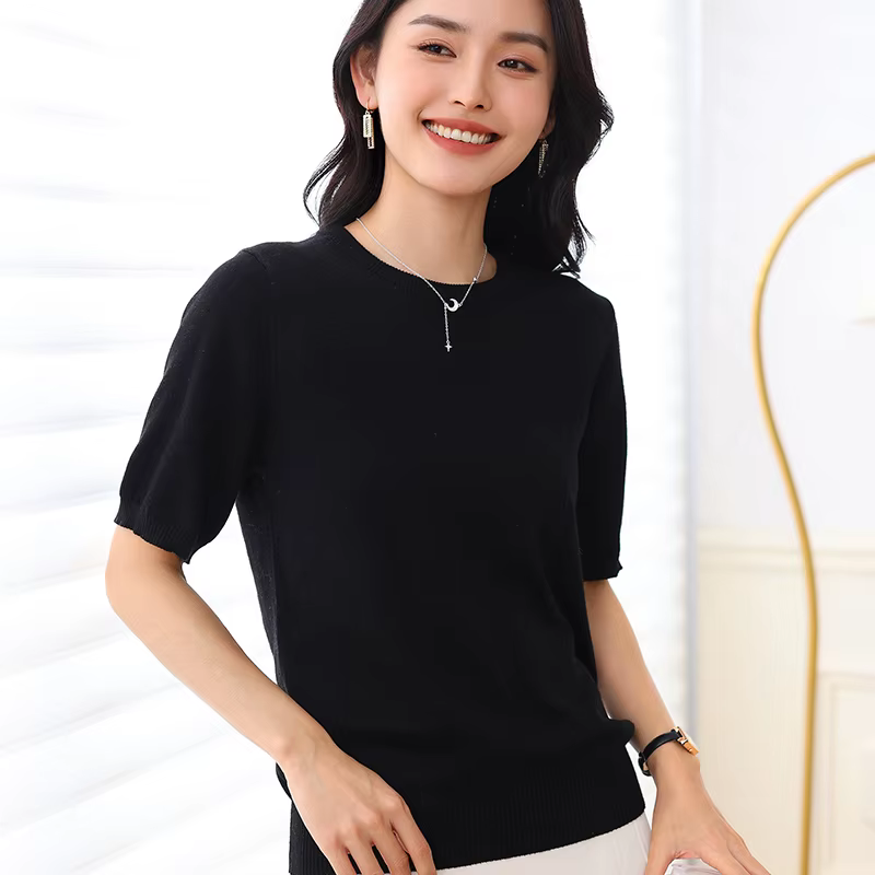 T-shirt d'été 100 % pur coton pour femme, décontracté, uni, tricoté, à manches courtes, col rond, co