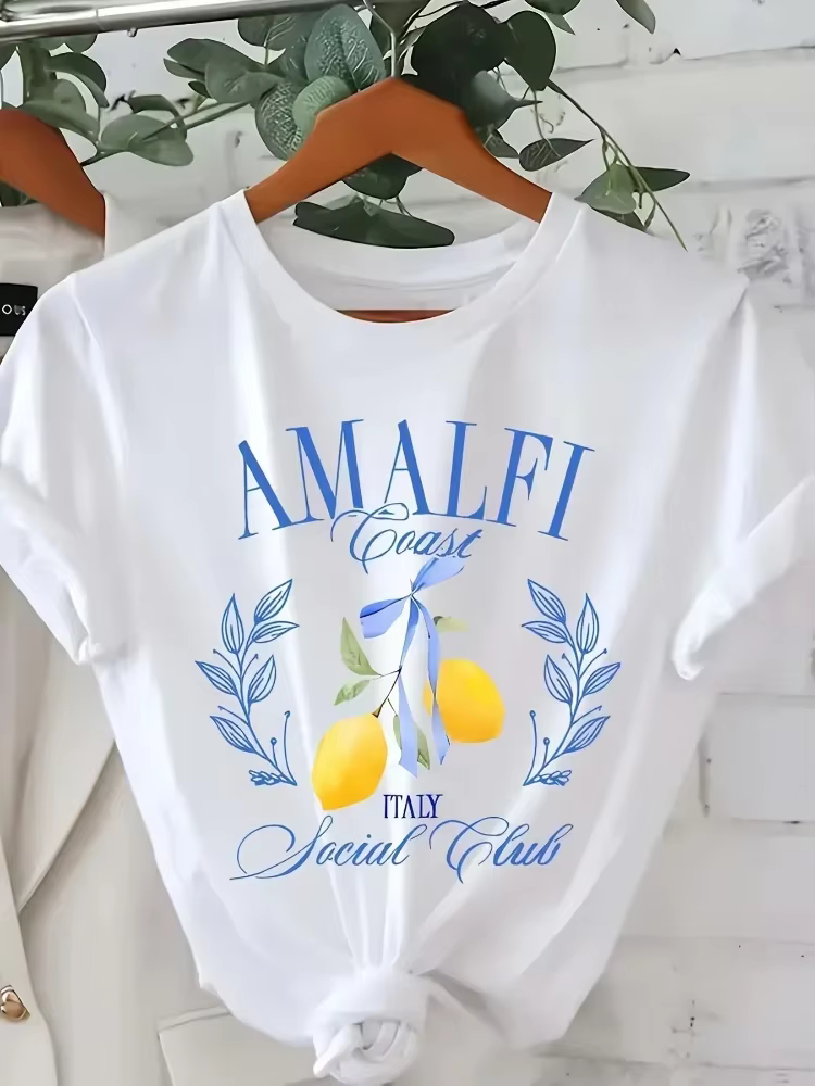 T-shirt imprimé citron, manches courtes, col rond, haut décontracté pour l'été et le printemps, vête