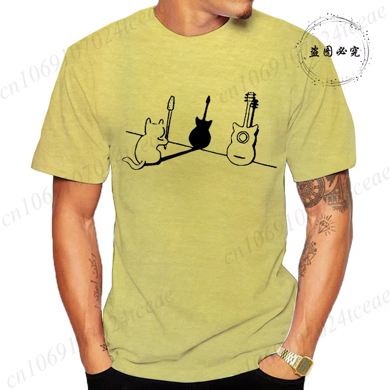 T-shirt pour femmes hommes chat et guitare Design drôle hauts doux unisexe col rond T-shirts vêtemen