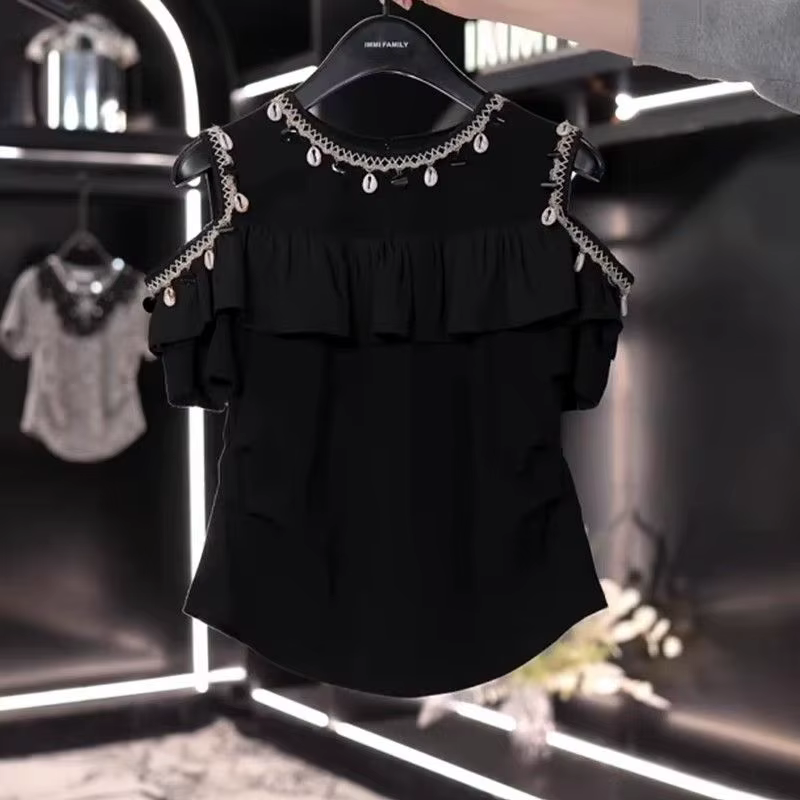 T-shirt à manches courtes pour femmes, épaules dénudées, à volants et paillettes françaises, nouveau